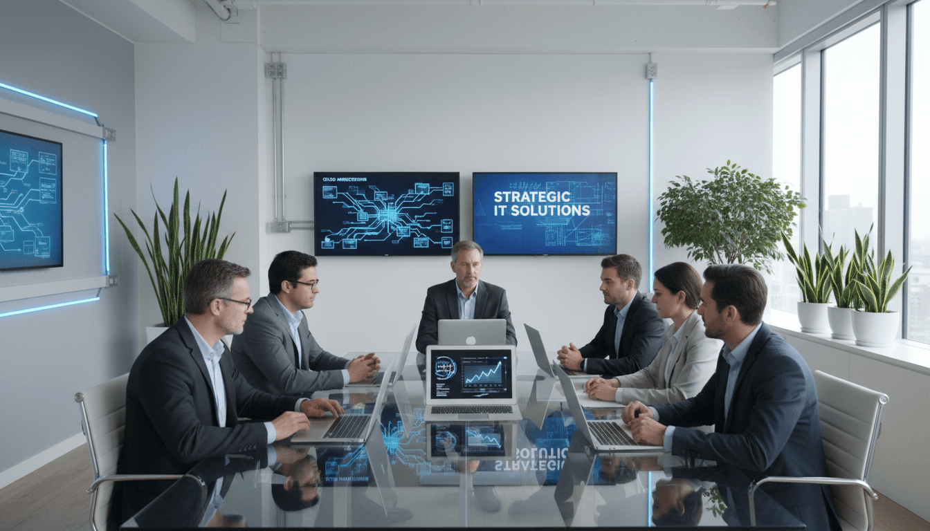 IT professionals collaborating at workstations with technology infrastructure